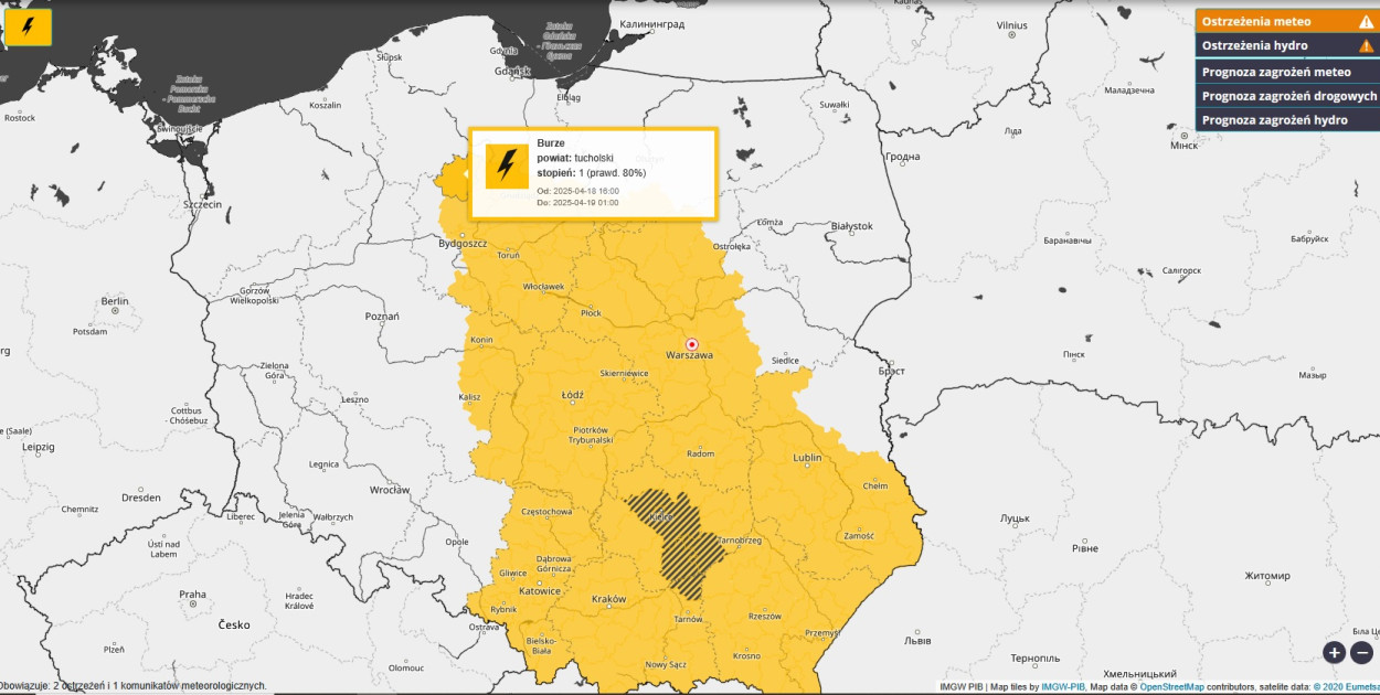 Ostrzeenie wydane przez IMGW. Grafika ze strony https://meteo.imgw.pl/