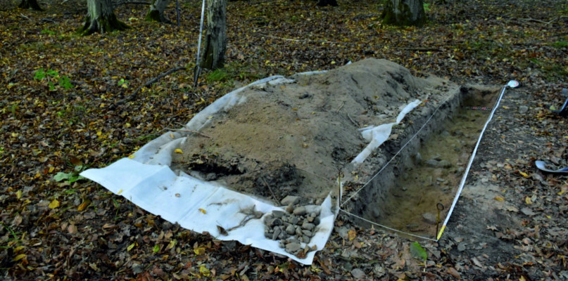 Wykop sondażowy założony na jednej z miedz, ukazujący jej kamienną konstrukcję (fot. M. Jankowski).