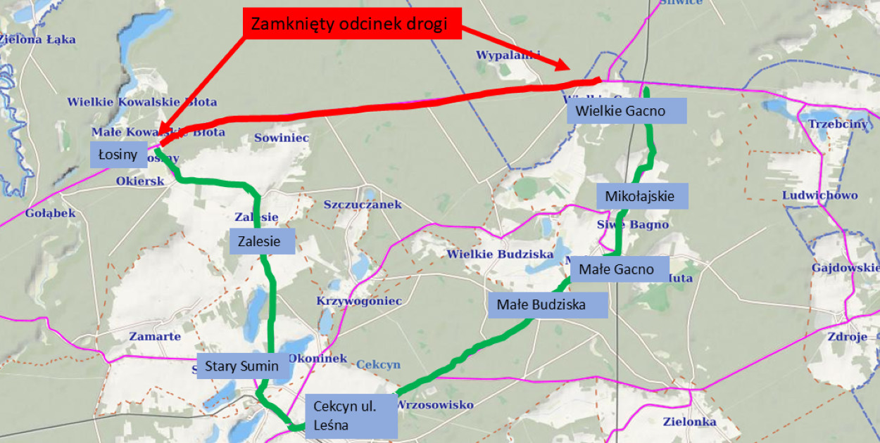 Aktualny objazd zamkniętej drogi powiatowej Tuchola - Tleń. Żródło: Zarząd Dróg Powiatowych w Tucholi