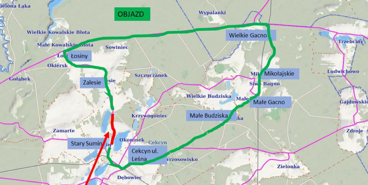 Zamknięcie drogi Łosiny - Cekcyn potrwa 2 dni. Mapka udostępniona przez ZDP w Tucholi. 