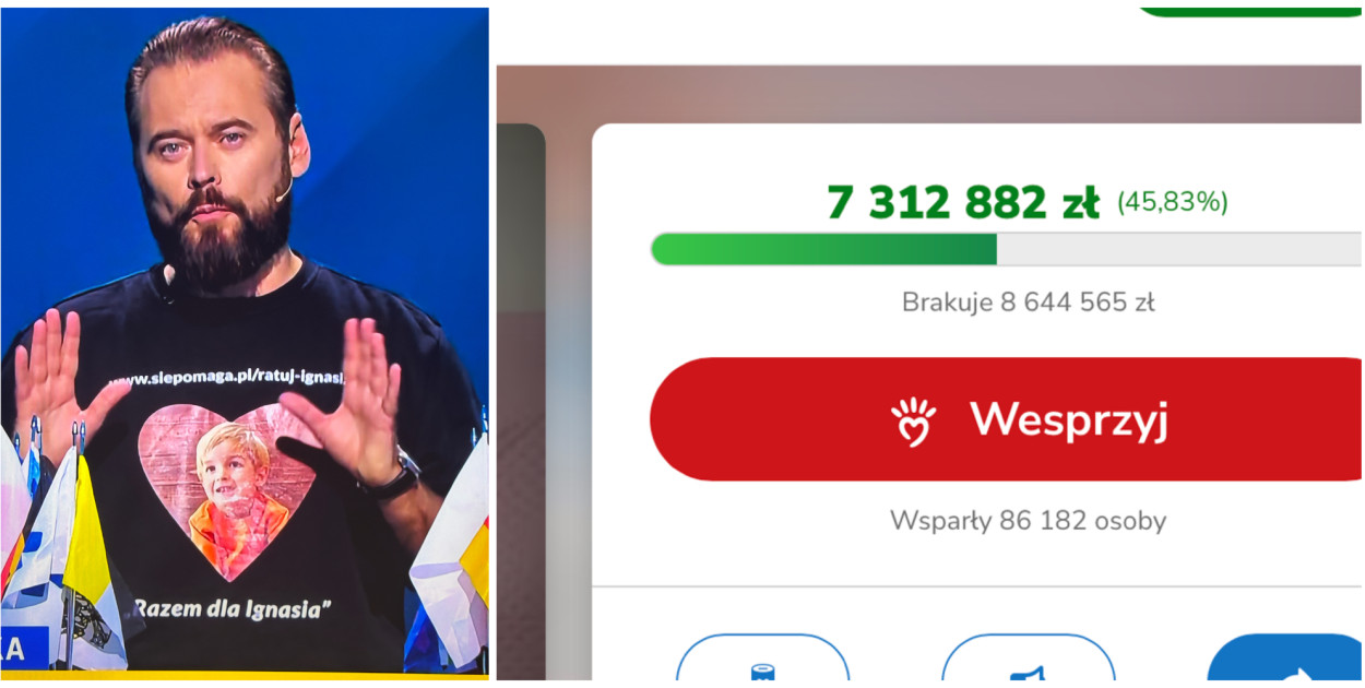 Krzysztof Stanowski podczas debaty prezydenckiej w bluzie z akcją dla Ignasia Lissa. Podczas debaty kwota systematycznie rosła. Źródło: TVP, siepomaga.pl