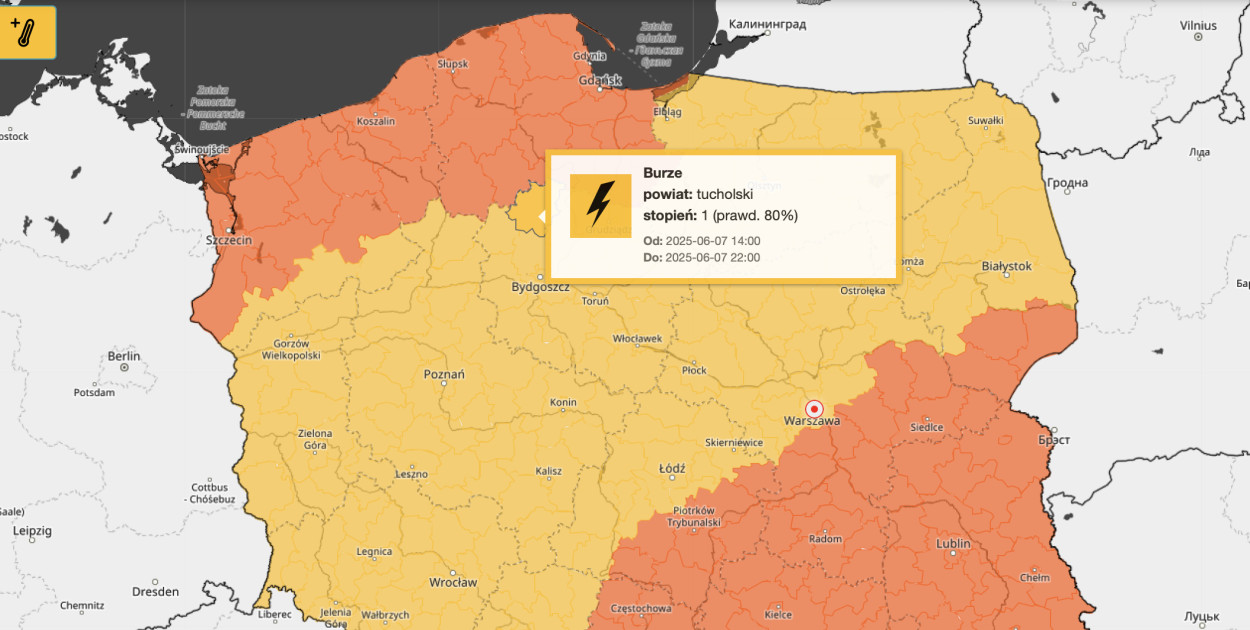 Mapa ostrzeżeń na popołudnie 7 czerwca.