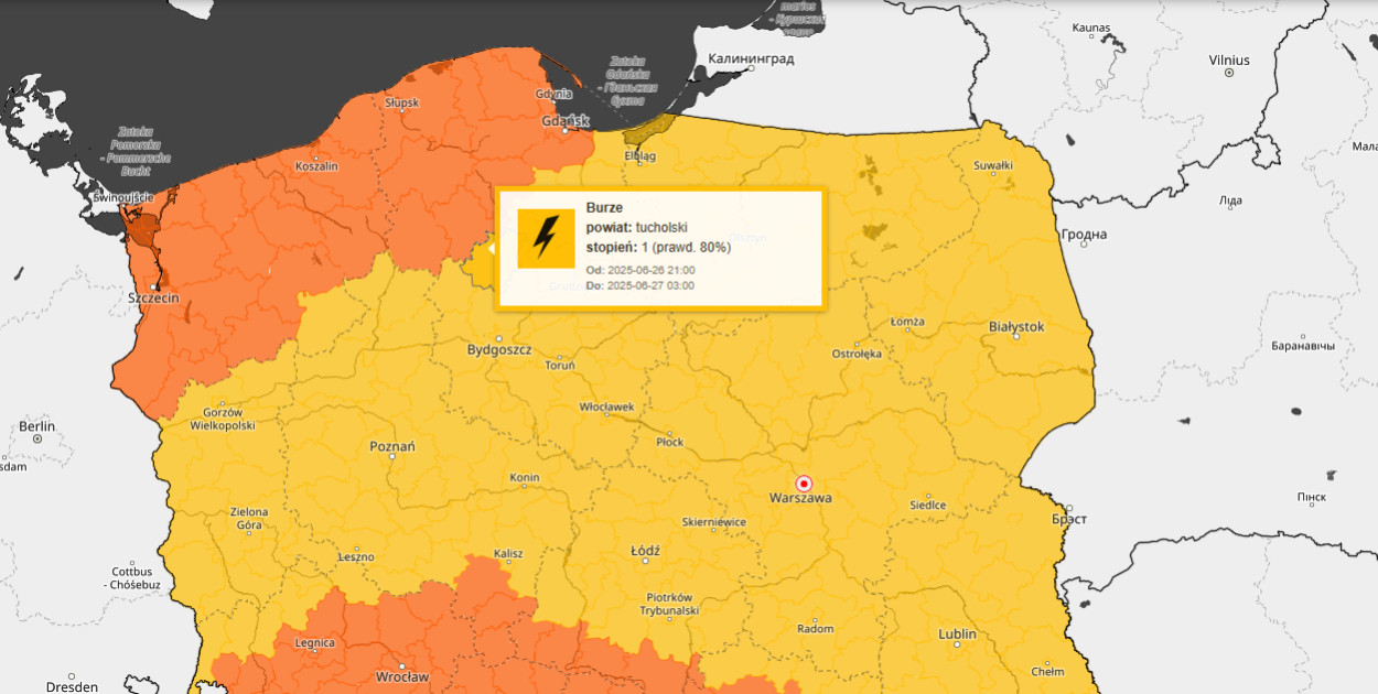 Czwartek 26 czerwca - aktualna mapka z ostrzeżeniami z IMGW.