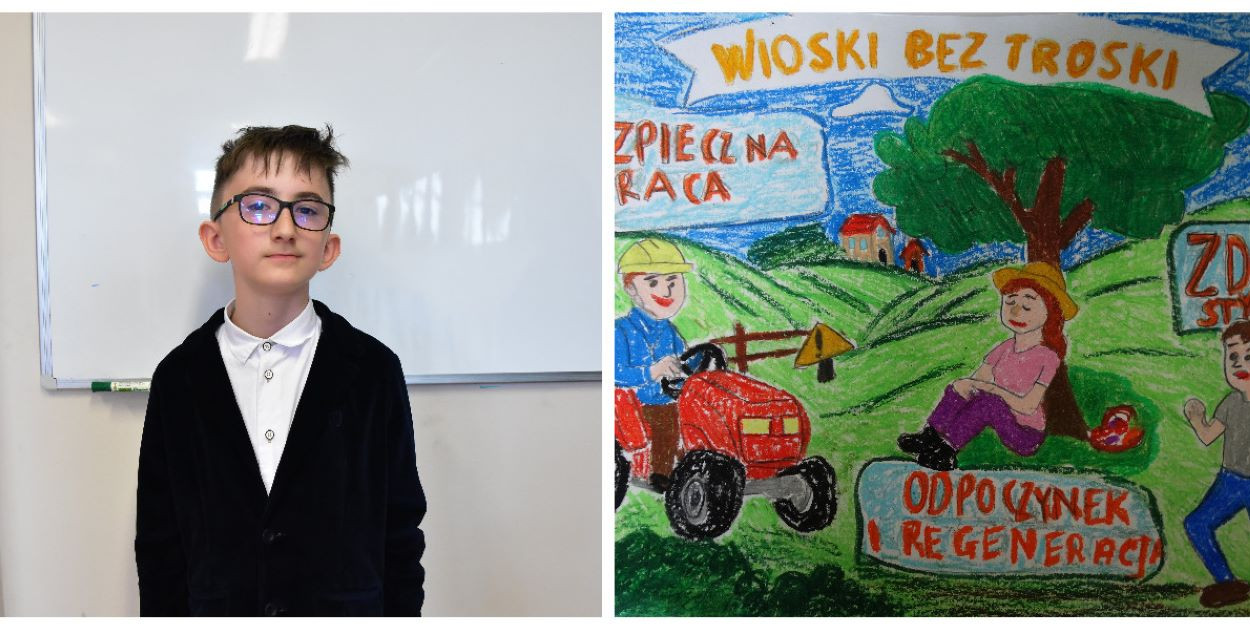 Nikodem Wałdoch ze Szkoły Podstawowej w Cekcynie został laureatem XV Ogólnopolskiego Konkursu Plastycznego dla Dzieci „Wioski bez troski”. Fot. Anna Lipska i Oddział Regionalny KRUS w Bydgoszczy