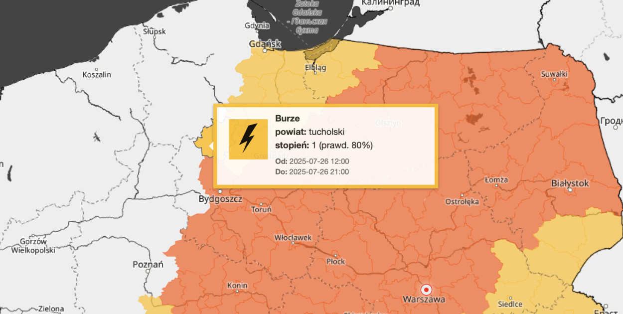 Nowe ostrzeżenie pierwszego stopnia dla powiatu tucholskiego. Im bardziej na wschód i południe, tym więcej burz.