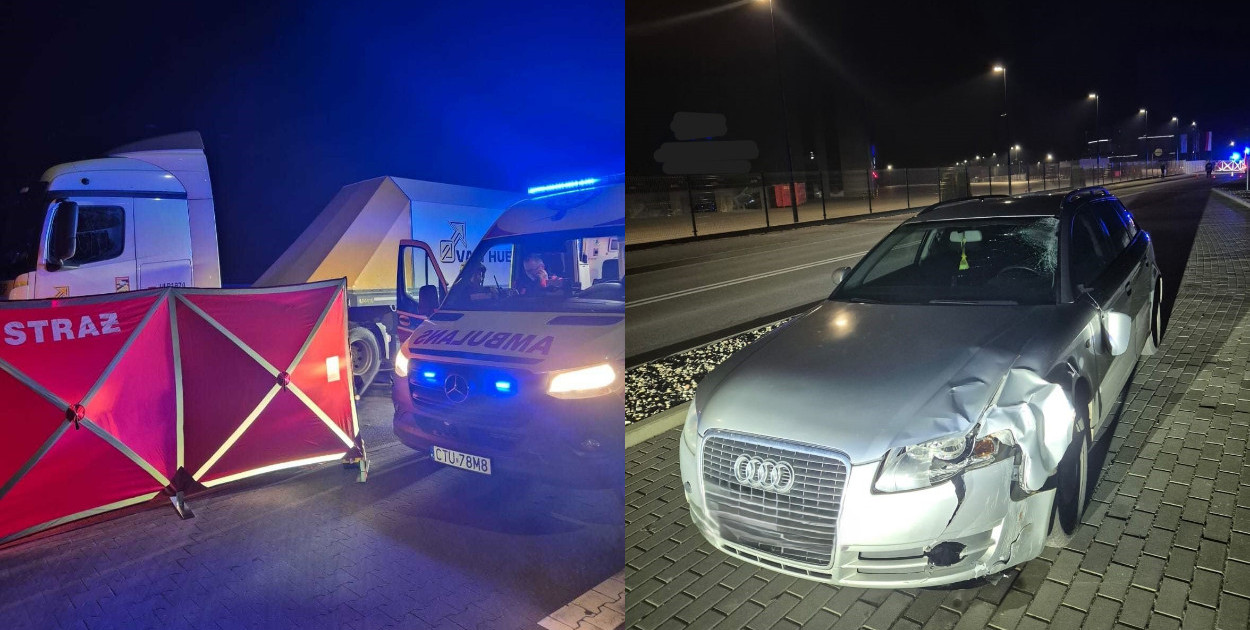 Do potrącenia mężczyzny na ul. Szklanych Domów w Śliwicach doszło 9 lutego br.  64-latek z Włocławka został potrącony przez samochód osobowy marki audi, który prowadził 20-letni mieszkaniec gminy Śliwice. Młody mężczyzna w momencie tragicznego wypadku nie był pod wpływem alkoholu ani środków psychoaktywnych. Fot. KP PSP w Tucholi