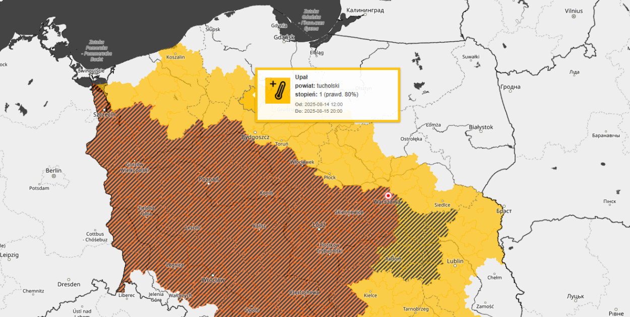 Mapa IMGW z ostrzeżeniami wskazuje, że w Tucholi i okolicach należy nastawić się na upał. 