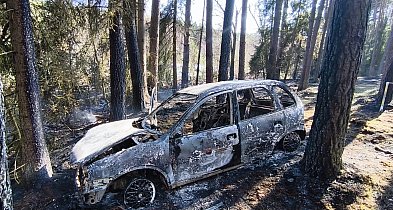 Doszczętnie spalone auto w lesie w okolicach Woziwody. Akcja gaśnicza strażaków