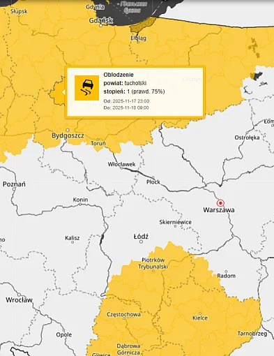 Ostrzeżenie pierwszego stopnia dla miejscowości Tuchola i dla okolic-24605