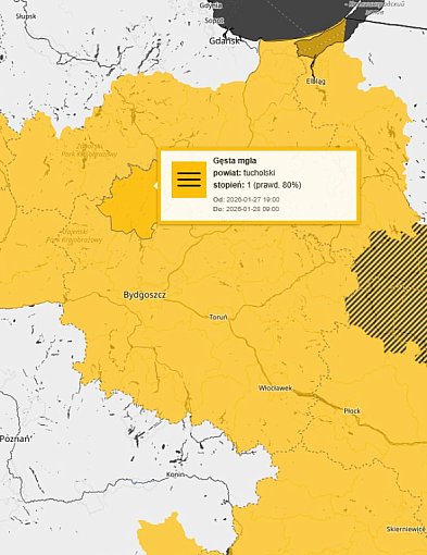 GĘSTE MGŁY: Ostrzeżenie pierwszego stopnia dla Tucholi i okolic