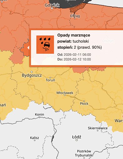 ŚLISKO! Ostrzeżenie drugiego stopnia dla miejscowości Tuchola i dla okolic