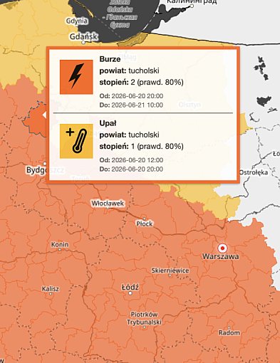 Ostrzeżenie drugiego stopnia dla miejscowości Tuchola i dla okolic