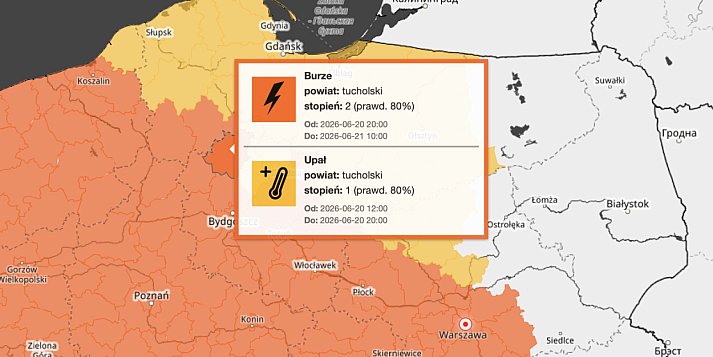 Ostrzeżenie drugiego stopnia dla miejscowości Tuchola i dla okolic