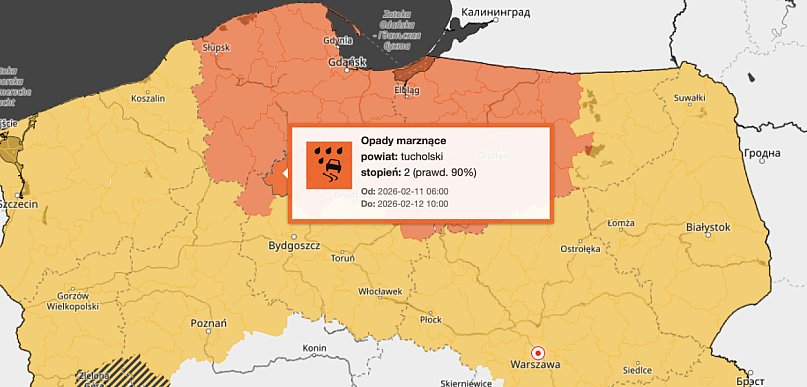 ŚLISKO! Ostrzeżenie drugiego stopnia dla miejscowości Tuchola i dla okolic