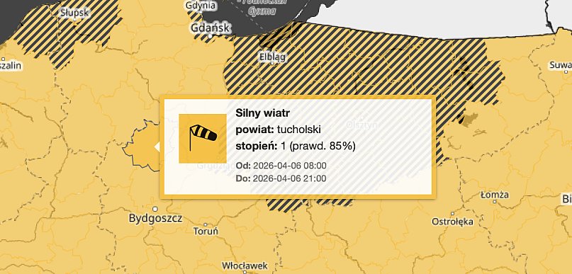 Wieje i będzie wiać! Ostrzeżenie na poniedziałek dla Tucholi i Borów Tucholskich