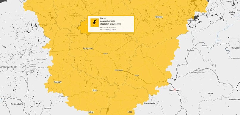MOŻLIWE BURZE. Ostrzeżenie pierwszego stopnia dla Tucholi i okolic