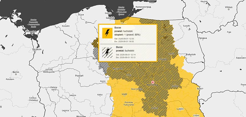 Ostrzeżenie pierwszego stopnia dla miejscowości Tuchola i dla okolic
