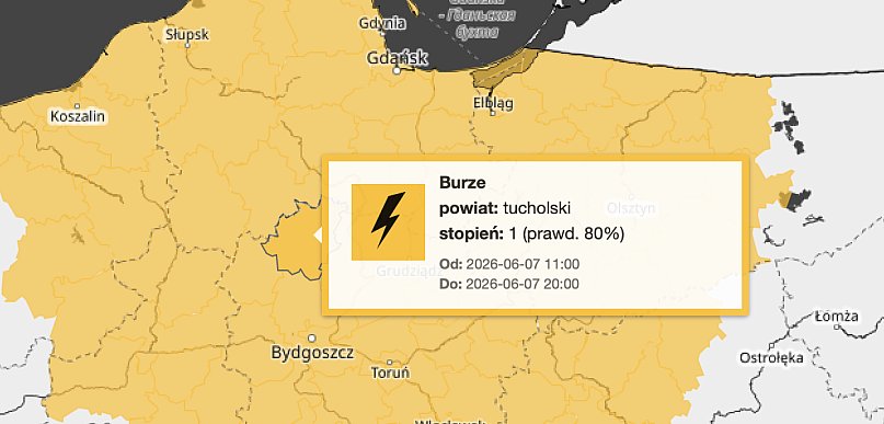 MOŻLIWE BURZE! Ostrzeżenie pierwszego stopnia, Tuchola, Bory Tucholskie