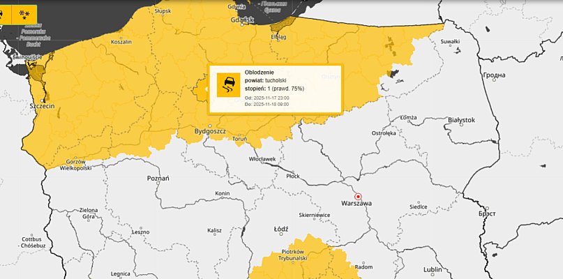 Ostrzeżenie pierwszego stopnia dla miejscowości Tuchola i dla okolic - 24605