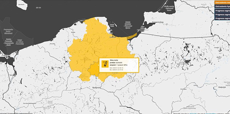 MRÓZ: Ostrzeżenie pierwszego stopnia dla Tucholi i okolic