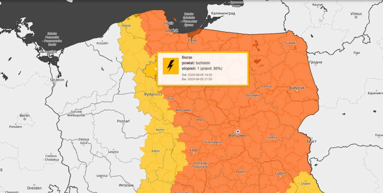 Mapa ostrzeżeń IMGW na popołudnie 5 września.
