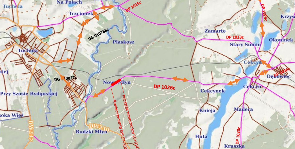 Mapa remontu udostępniona we wtorek 7 października przez Powiat Tucholski. 