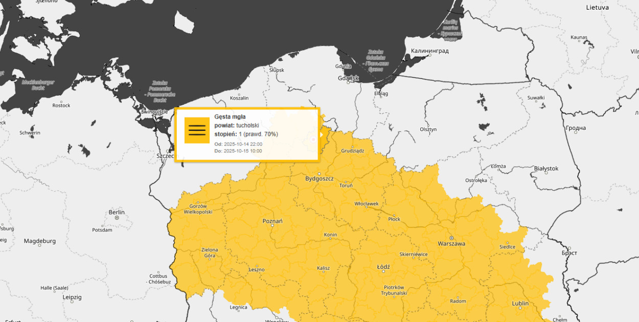Aktualna (14 października) mapa ostrzeżeń meteorologicznych z IMGW. 