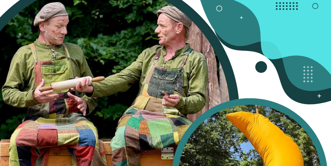 21 listopada (piątek), o godz. 17:00 na scenie w Lubiewie wystąpi Teatr Delikates ze spektaklem pt. Jak Czesiek i Wiesiek oddali księżyc. Grafika B-CKiP Gminy Lubiewo