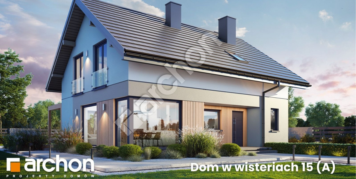 Dom w wisteriach 15 (A)  ma prostą, elegancką formę – zwartą bryłę z dwuspadowym dachem i nowoczesną elewacją. Źródło zdjęć: własne - archon.pl