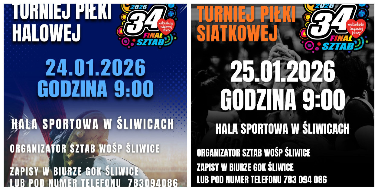 Sportowa odsłona 34. Finału Wielkiej Orkiestry Świątecznej Pomocy znów w gminie Śliwice. Organizatorzy zachęcają do zapisów w turniejach piłki nożnej i siatkówki. Źródło. Sztab WOŚP Śliwice