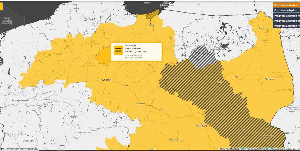 GĘSTE MGŁY: Ostrzeżenie pierwszego stopnia dla Tucholi i okolic