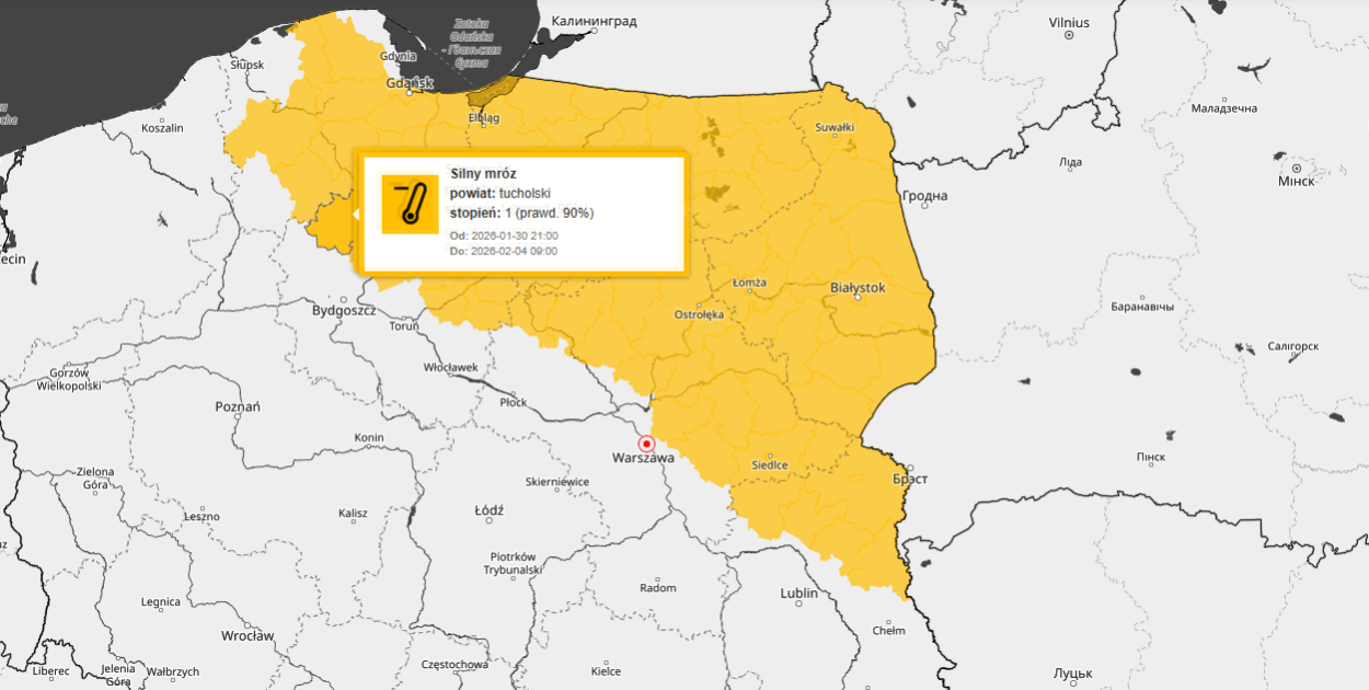BARDZO ZIMNO! Ostrzeżenie pierwszego stopnia dla miejscowości Tuchola i dla okolic