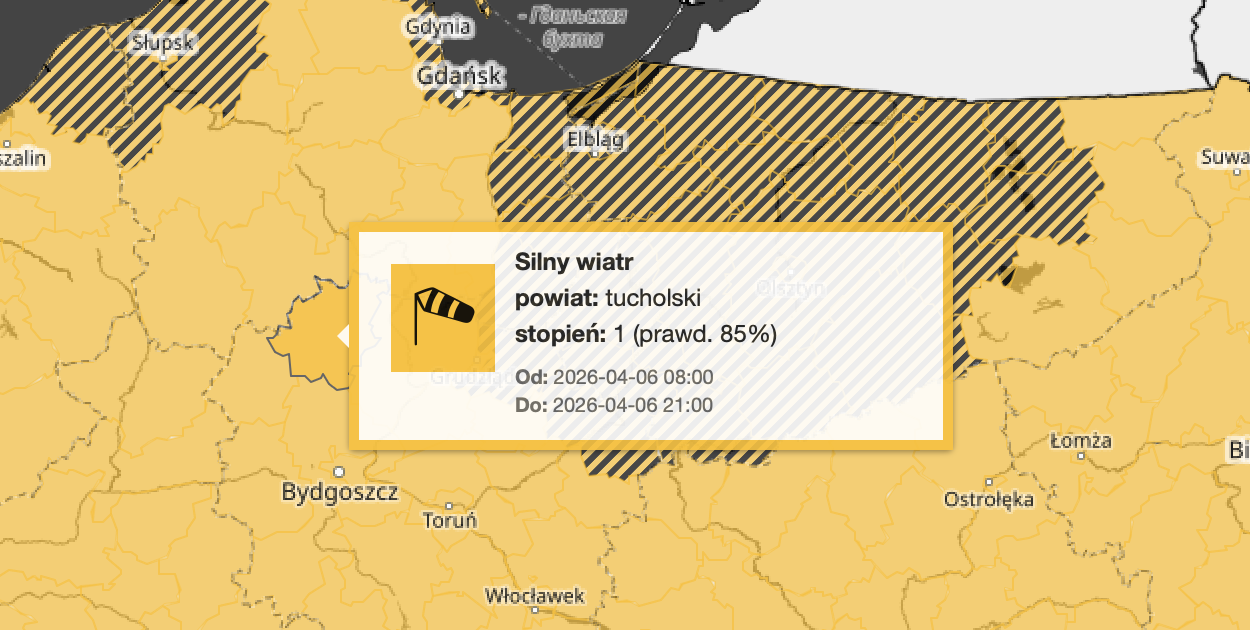 Wieje i będzie wiać! Ostrzeżenie na poniedziałek dla Tucholi i Borów Tucholskich